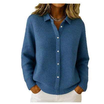 Casual Fashion Button Knitted Lapel Sweater For Women Women Gym From House Dark Blue XXL
