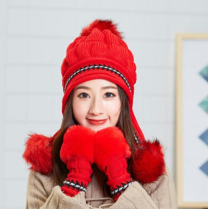 Cozy Knit Fleece-Feel Beanie With Ear Flaps & Pompom