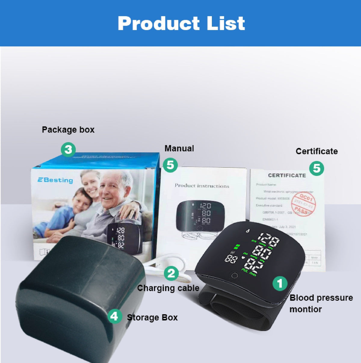 Wrist Sphygmomanometer Rechargeable Blood Pressure Meter Wrist Health Gym From House French version USB