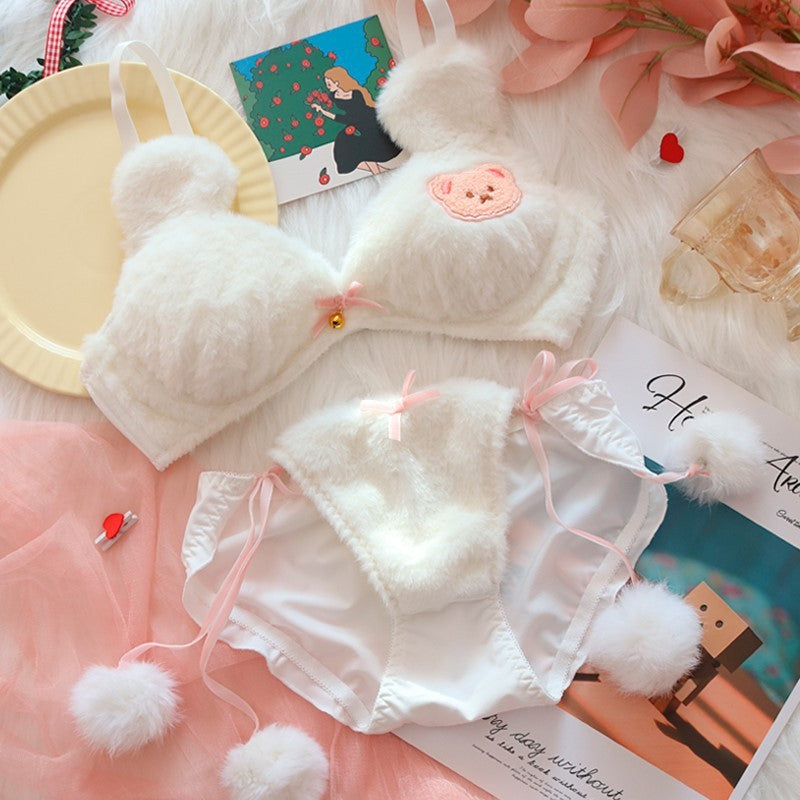 Moon Rabbit Girl Plush Bra Panties Set Kids DealSniper.net White Bear Fur Ball Style L