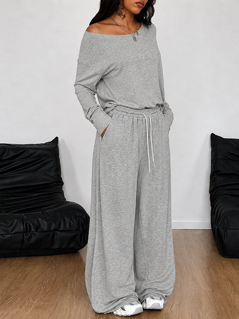 2 Pieces Set Women's Long Sleeve Solid Color T-Shirt Tees Women Gym From House Light Gray 2XL