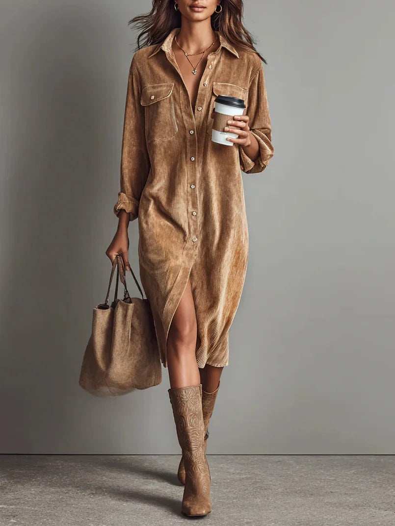 Turn-Down Collar Buttons Chic Casual Dress Women Gym From House Brown 2XL