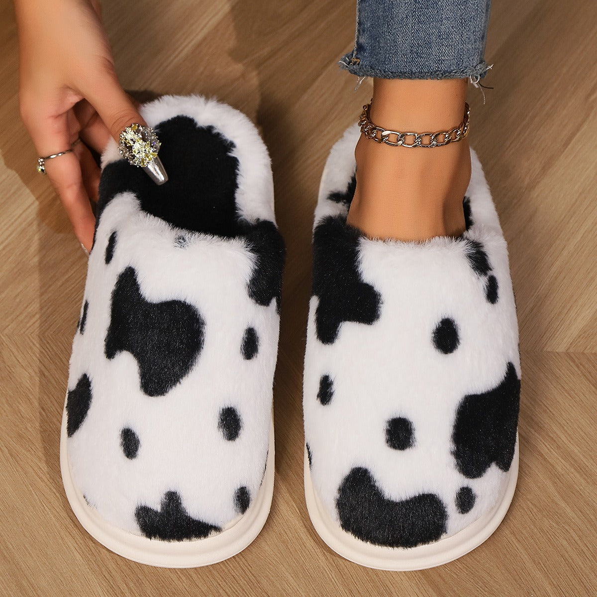 Cute Cow Spotted Plush Slippers Winter Warm Non-slip Women dealsniper-net Black 36to37