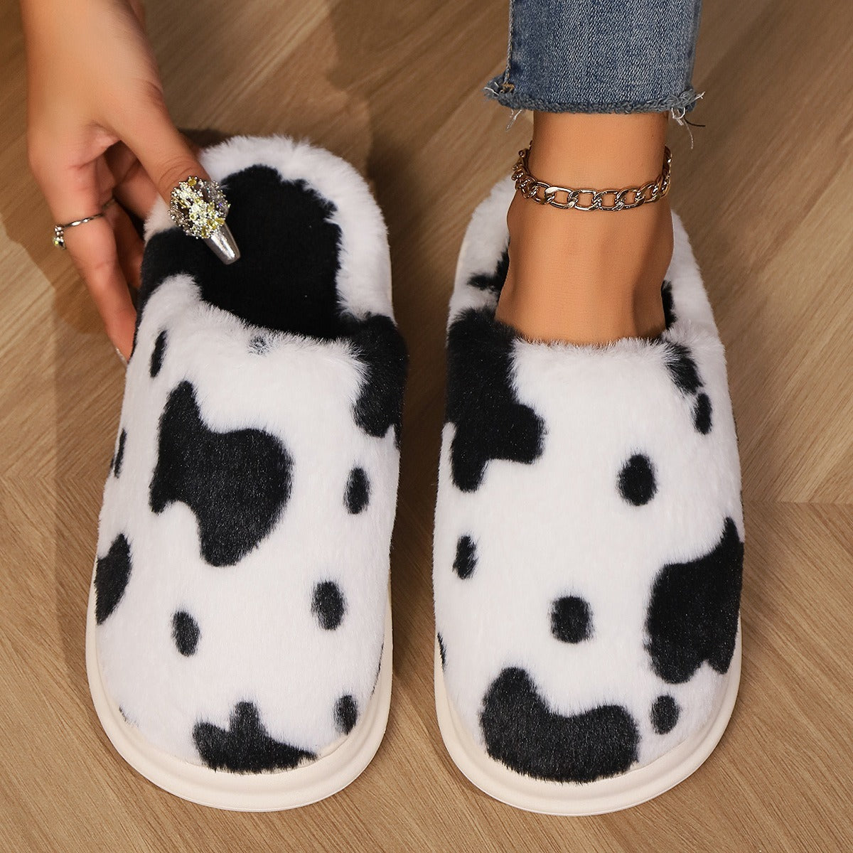 Cute Cow Spotted Plush Slippers Winter Warm Non-slip Women DealSniper.net Black 36to37