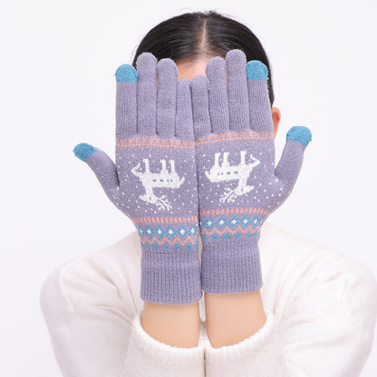 Women's Cute Animal Deer And Snowflake Knitted Gloves Full Finger