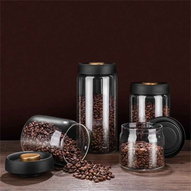 Vacuum Sealed Jug Set Black Coffee Beans Glass Airtight Canister Kitchen dealsniper-net