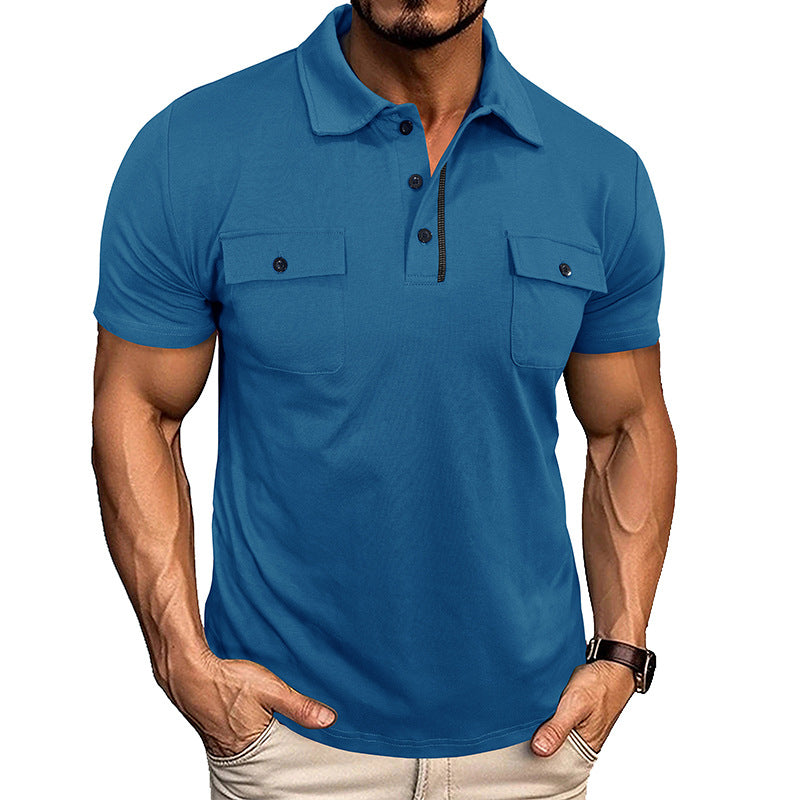 Summer Lapel Button Polo Shirt With Pockets Outdoor Fashion Men DealSniper.net Blue L