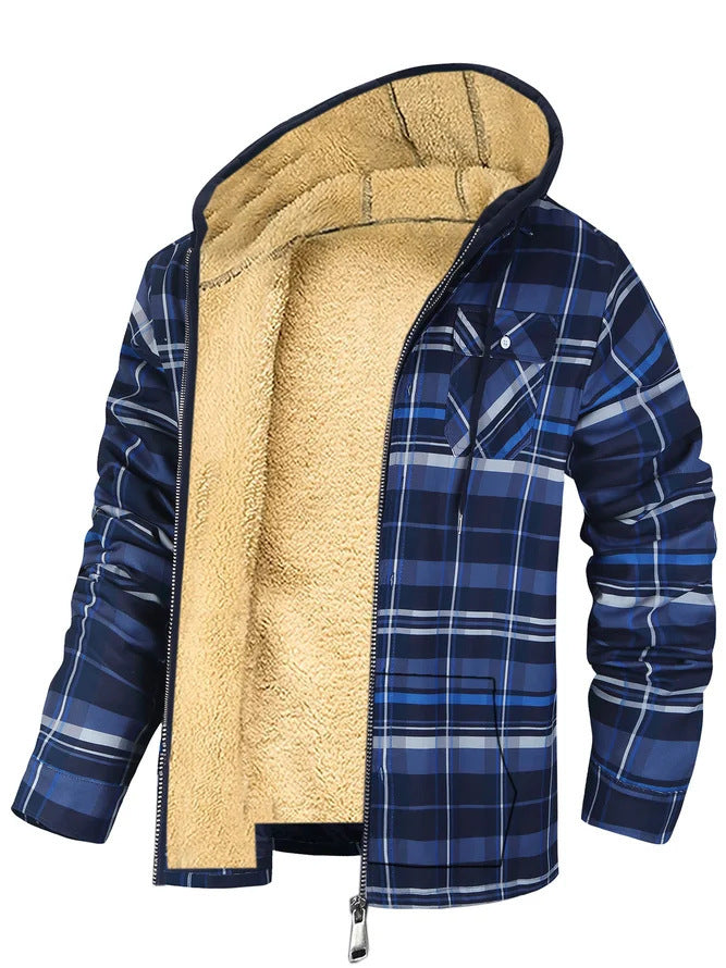 Men's Plaid Print Hooded Zip-Up Jacket Winter Coat Clothing