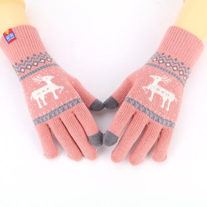 Women's Cute Animal Deer And Snowflake Knitted Gloves Full Finger