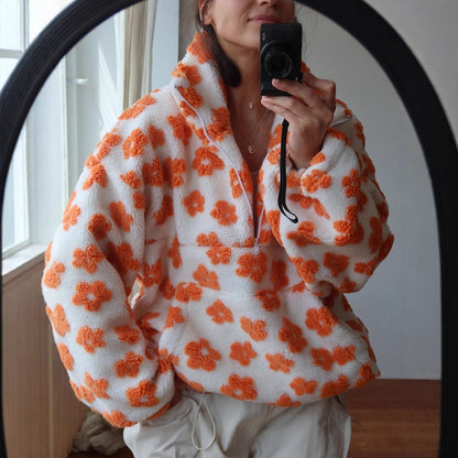 Winter Flowers Lambskin Sweatshirt With Big Pocket Women null Orange L