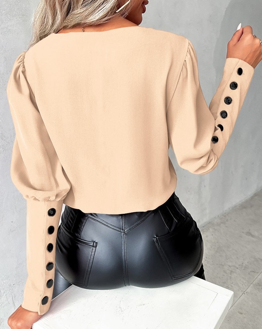 Fashion V-neck Long Sleeve Blouse With Button Design Women dealsniper-net