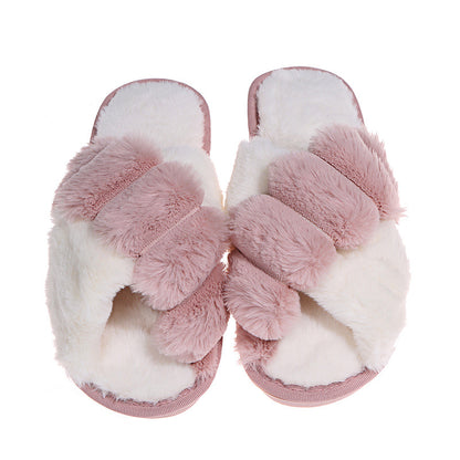 Cross-strap Furry Slippers Home Flat Indoor Floor Bedroom House Shoes Women