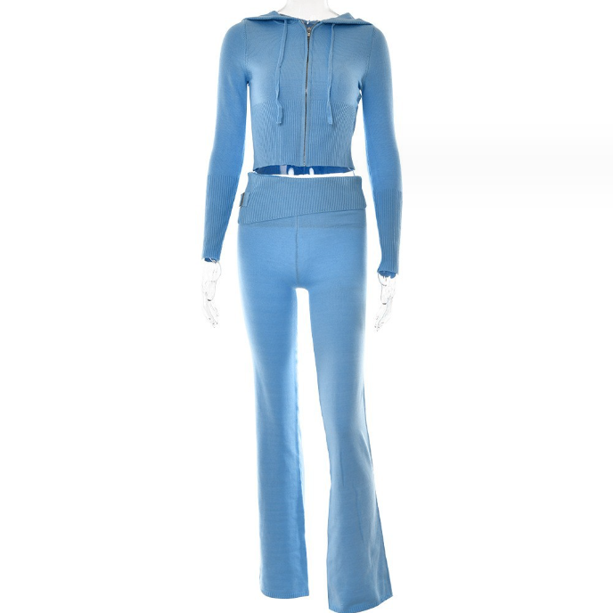 Hoodie Suit Women Leisure Sexy Zip Long Sleeve Sweater And High Waist Long Pants Set Women dealsniper-net Blue suit S