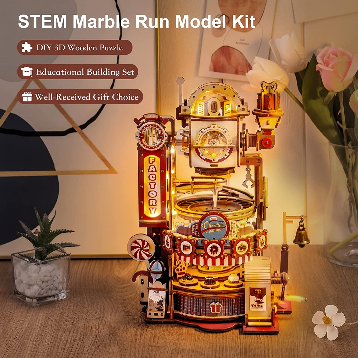 Robotime ROKR Marble Chocolate Factory 3D Wooden Puzzle Games Assembly Model Building Toys For Children Kids Birthday Gift Kids dealsniper-net