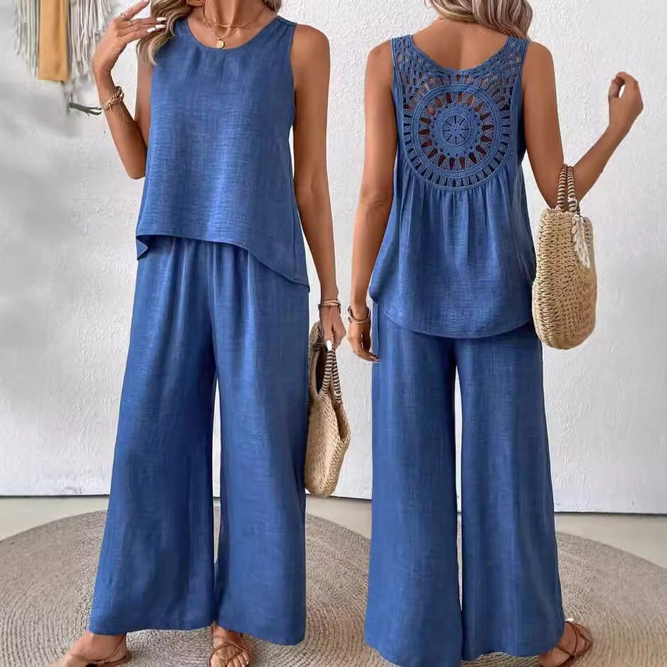 2 Pieces Set Women's Sleeveless Solid Color Back Hollow Lace Suit Women Gym From House