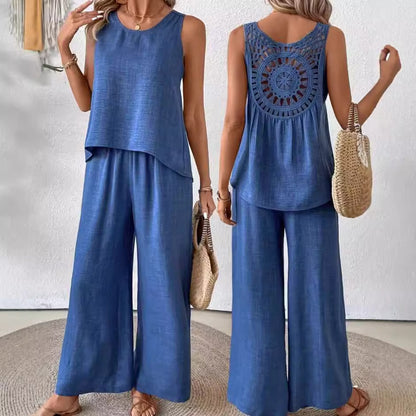 2 Pieces Set Women's Sleeveless Solid Color Back Hollow Lace Suit Women Gym From House