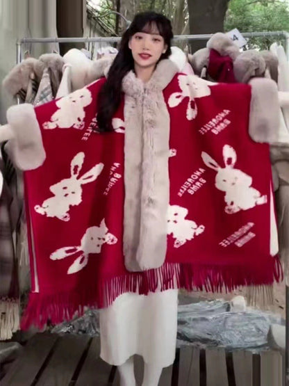 Loose Plaid Plus Cashmere Fur Collar Knitted Inverness Women Gym From House Red Bunny Average Size