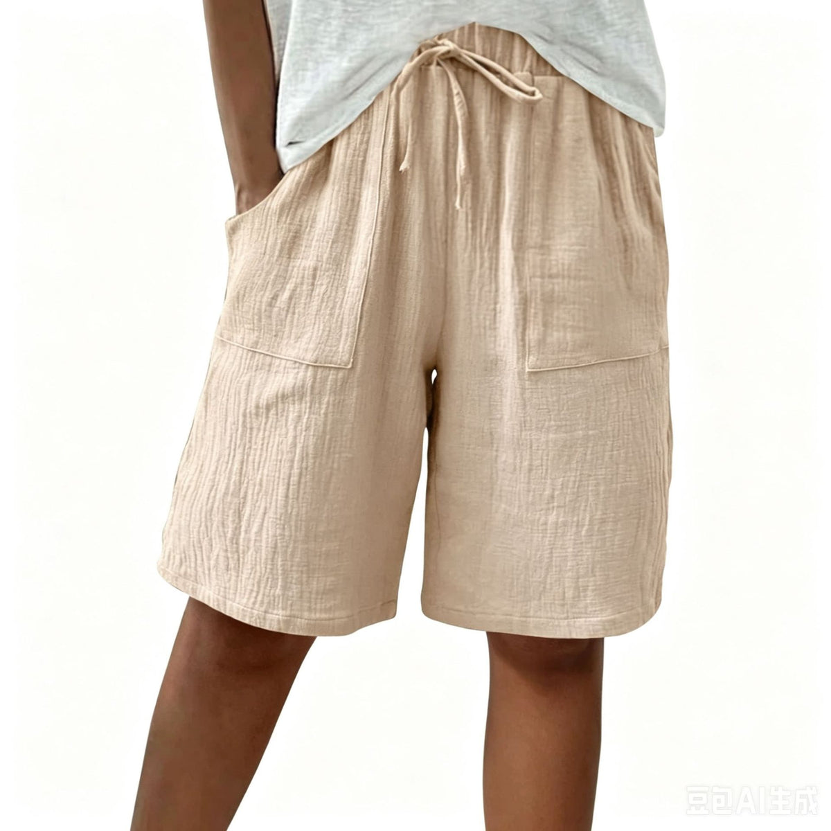 Linen Cotton Shorts, Solid Color Casual Shorts Tie Detail Shorts Women DealSniper.net Add apricot color 4XL