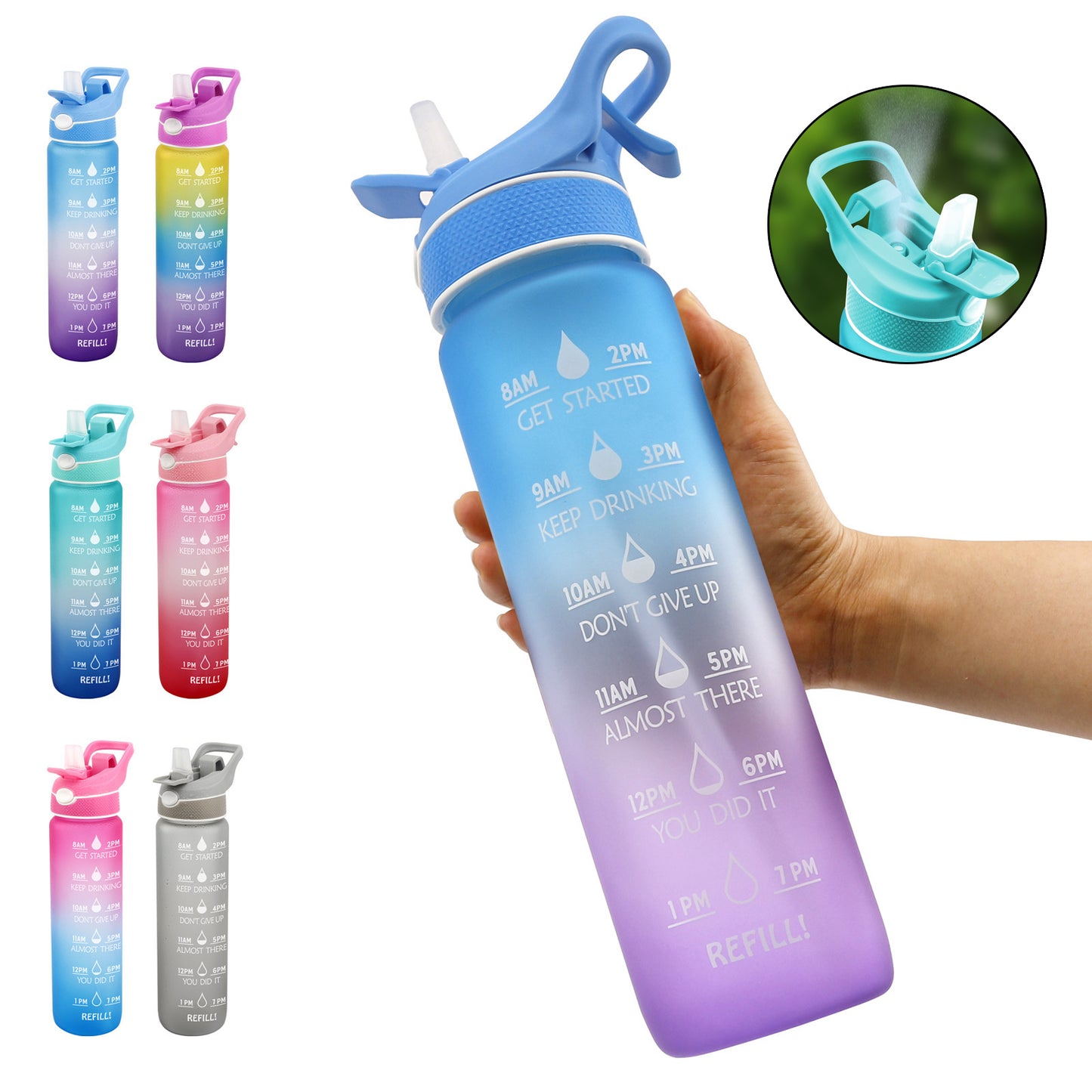 1000ML Plastic Spray Water Bottle Scrub Bounce Cover Straw