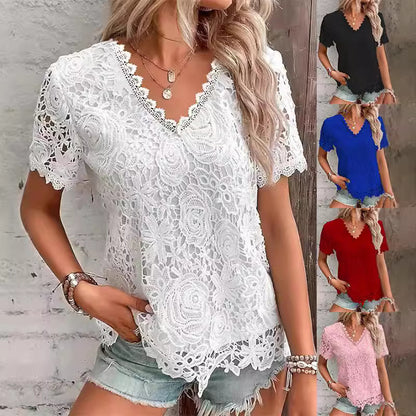 Women's Fashion Top T-shirt Lace Short Sleeve Women Women DealSniper.net