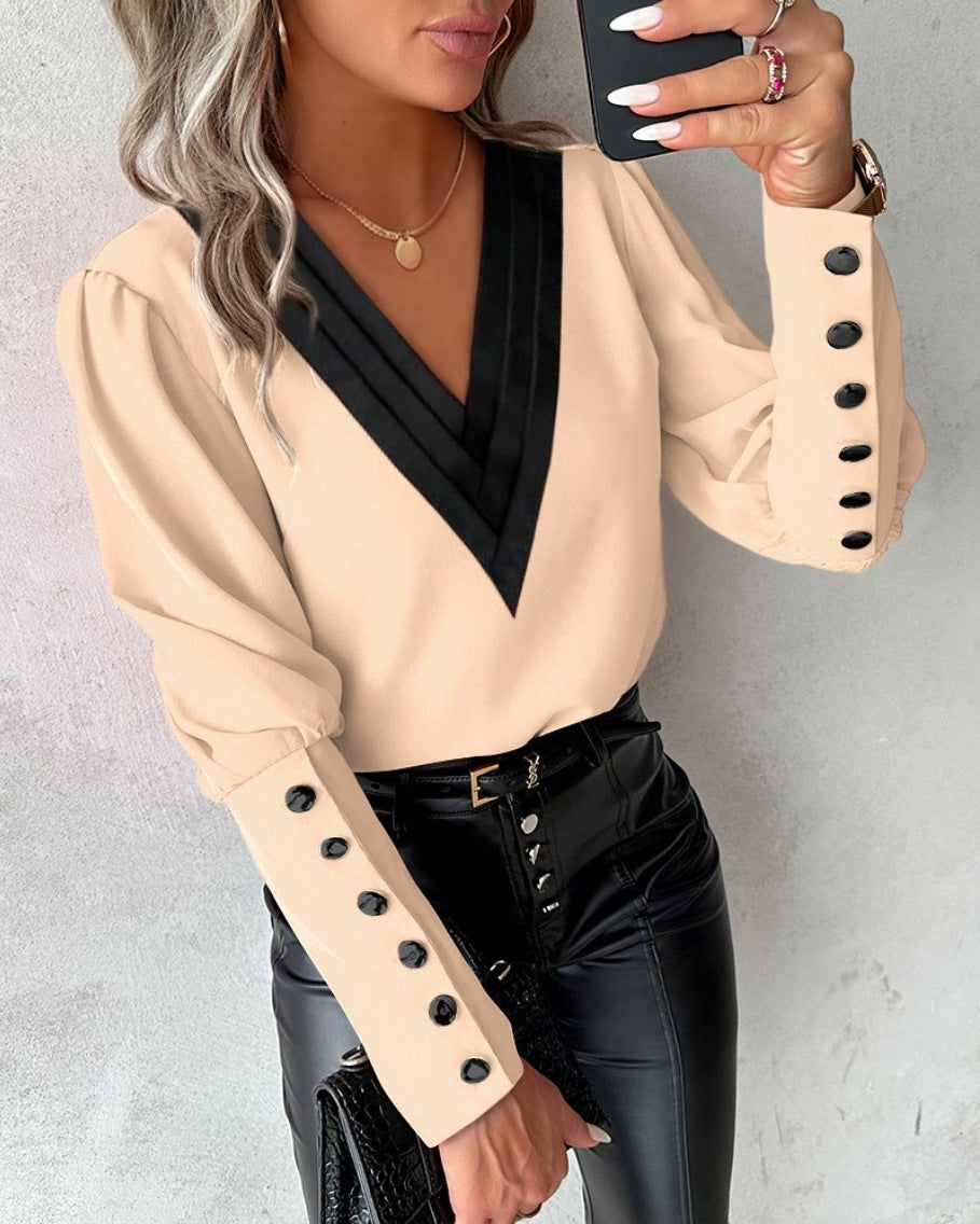 Fashion V-neck Long Sleeve Blouse With Button Design Women dealsniper-net Apricot L