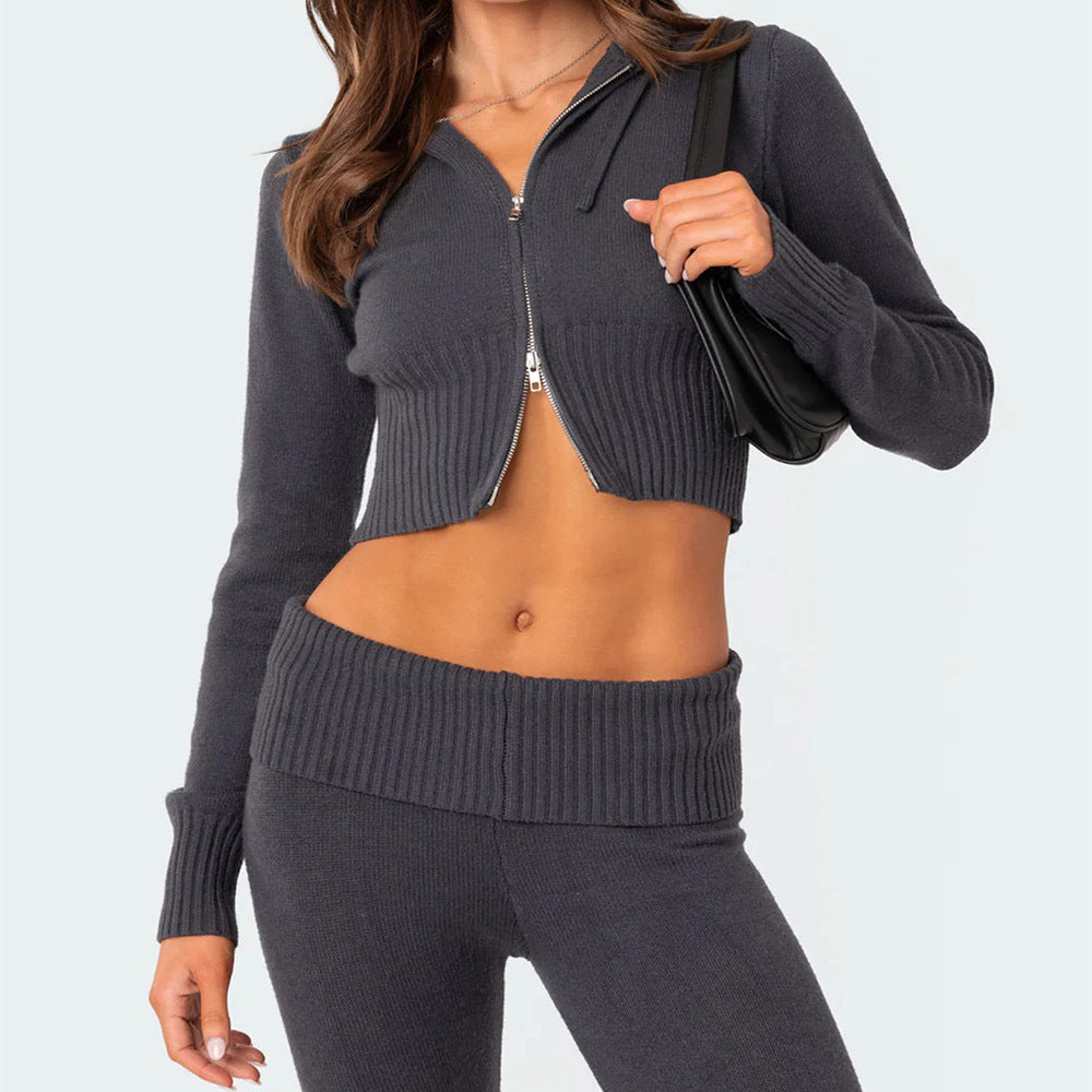 Fashion Knitted Hooded Suit Long Sleeve Zipper Cropped Top