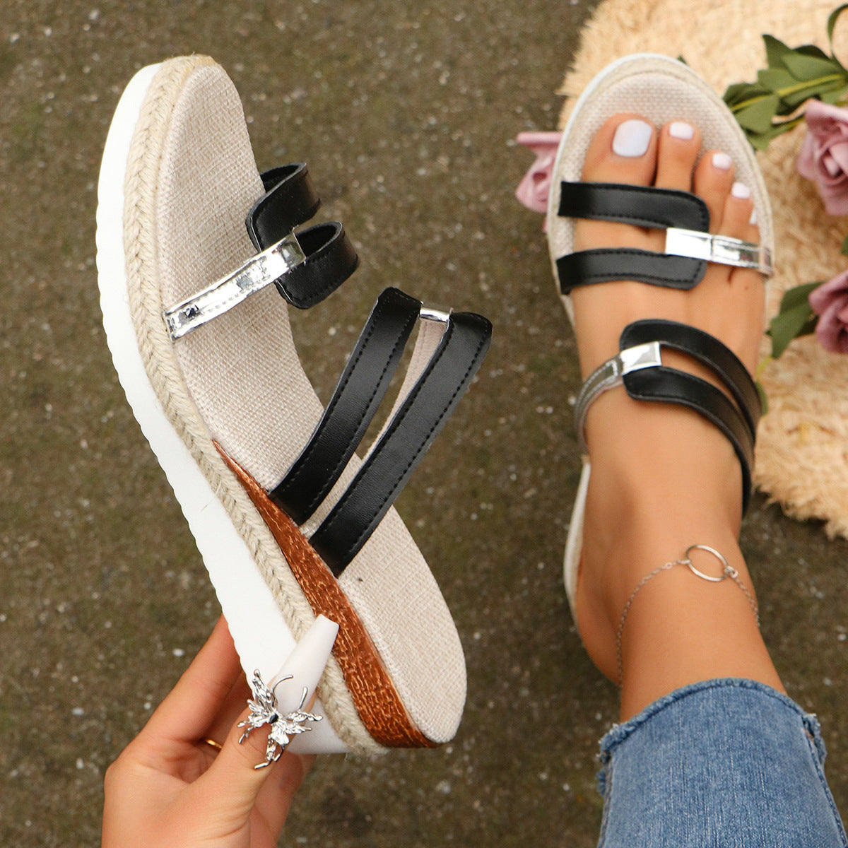 Colorblock-strap Wedges Sandals Summer Fashion Hemp Heel Women dealsniper-net