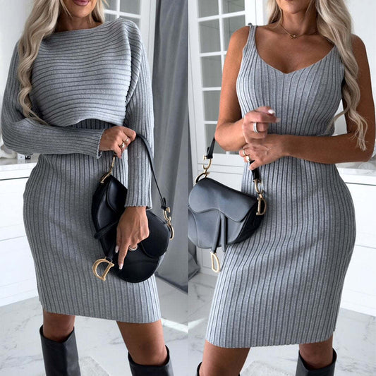 Suit Women's Autumn Sunken Stripe Long-sleeved Top Suspender Skirt