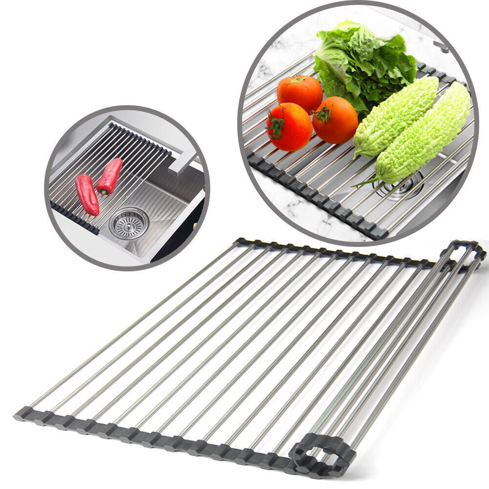 Kitchen Stainless Steel Sink Drain Rack Roll Up Dish Drying Drainer Mat Kitchen DealSniper.net Black