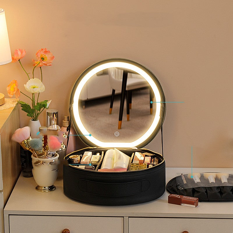 Round Smart LED Makeup Bag With Mirror Lights Women Beauty Bag Large Capacity PU Leather Travel Organizers Cosmetic Case Beauty DealSniper.net
