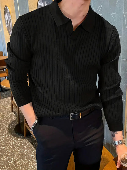 Lapel Texture Stretch Slim Knit Polo Shirt Men Polo Shirt Fashion Men DealSniper.net Black L