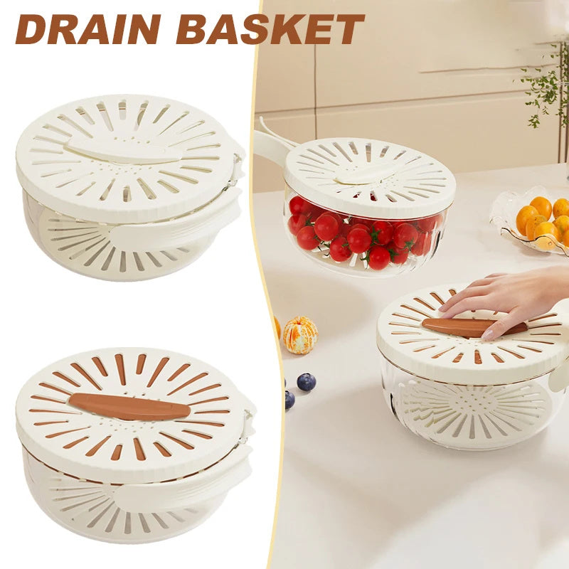 Fruit Drain Basket With Lid Vegetable Washing Bowl