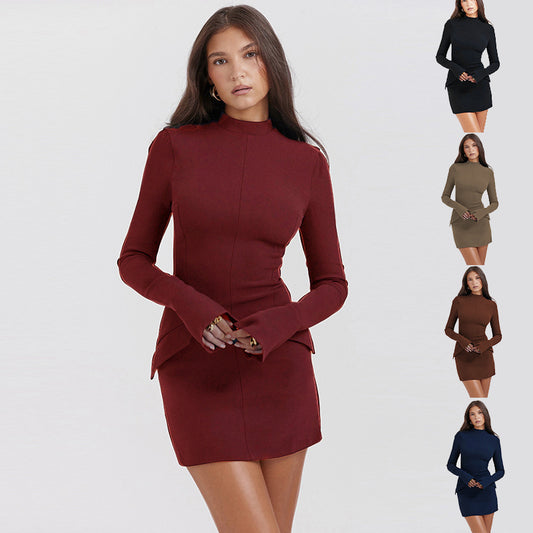 Fashion Long Sleeve Dress With Two Pockets Slim Bodycon Women dealsniper-net