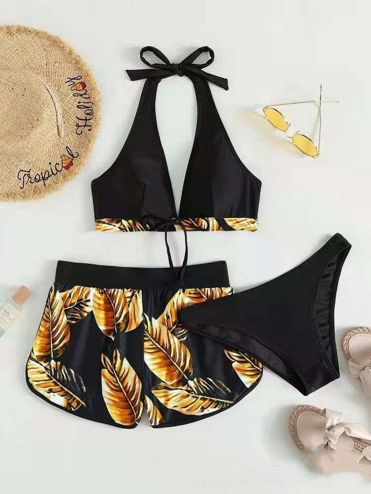 3pcs Leaf Print Bikini With Shorts Fashion Summer Beach Swimsuit Womens Clothing Women dealsniper-net Gold L