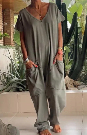 V-neck Oversized Pocket Low-grade Jumpsuit Women DealSniper.net 2XL Army Green