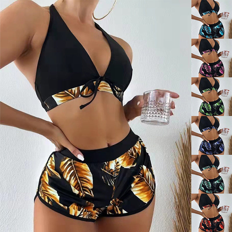 3pcs Leaf Print Bikini With Shorts Fashion Summer Beach Swimsuit Womens Clothing Women dealsniper-net