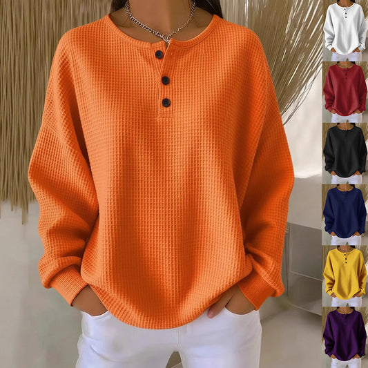 Ins Waffle Long-sleeved T-shirt Fashion Solid Color Buttons Women Gym From House