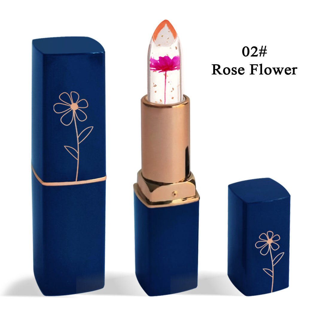 Dark Blue Tube Crystal Transparent Jelly Lipstick Gold Foil Beauty dealsniper-net Rose Flower A11602 3.5g