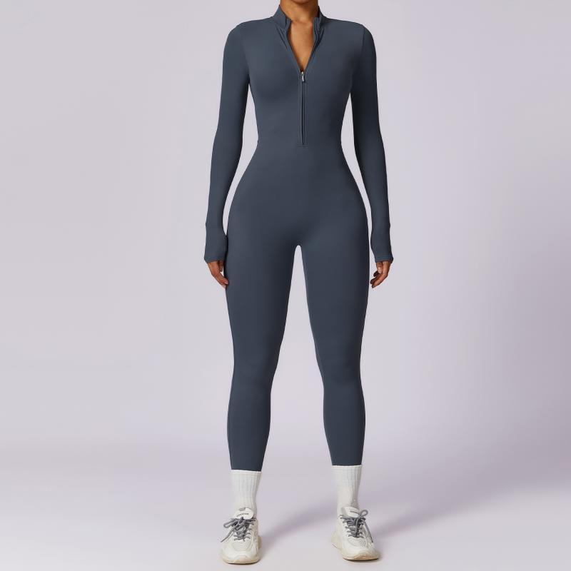 Zipper Long Sleeve Jumpsuit Yoga Fitness Training Pants