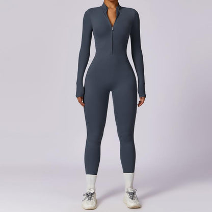 Zipper Long Sleeve Jumpsuit Yoga Fitness Training Pants