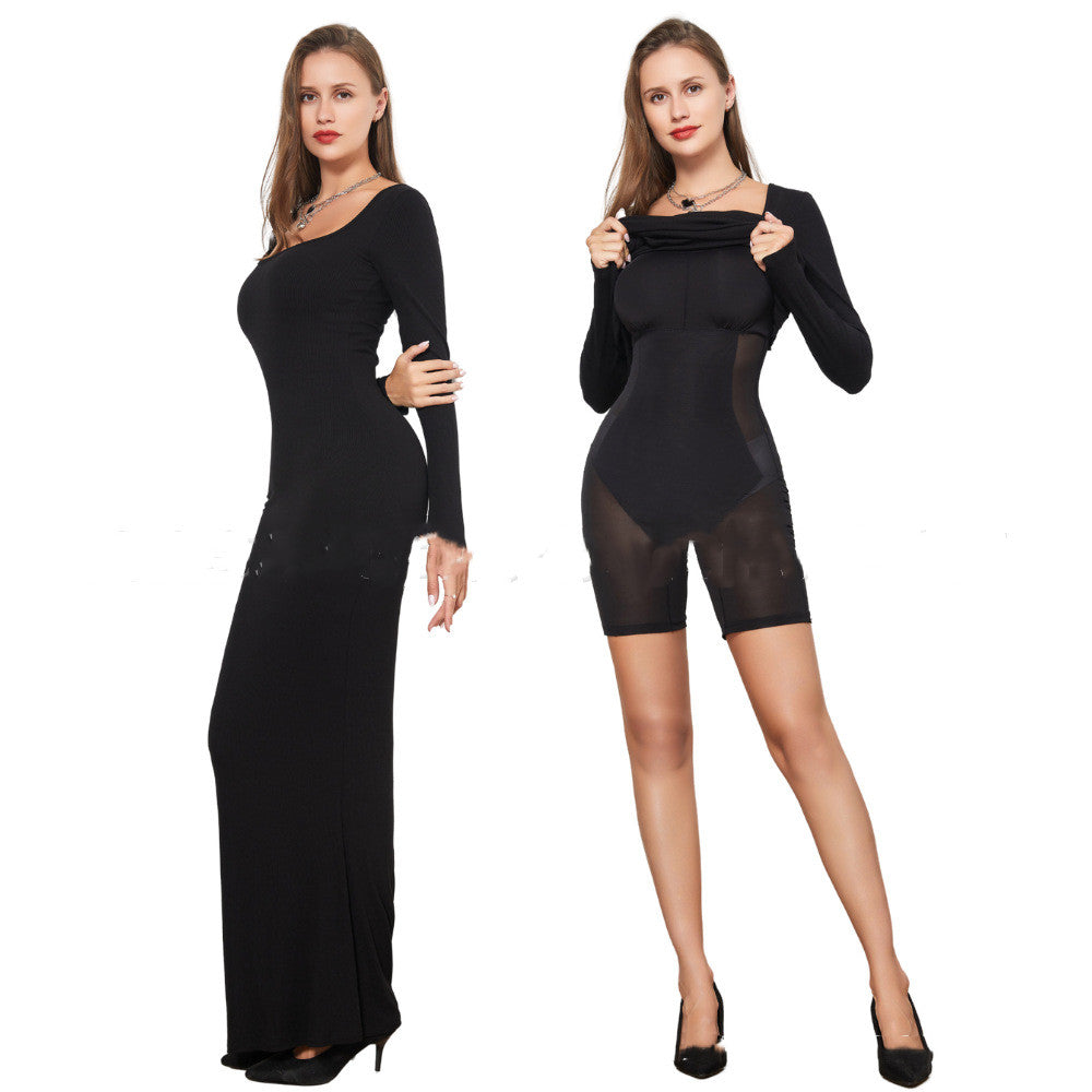 Two-in-one With Lining Double-layer Belly Contracting Hip Lifting Long Sleeve Narrow Dress Women dealsniper-net