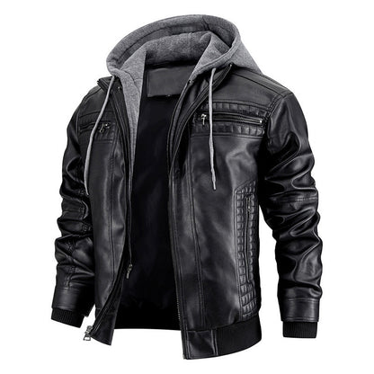 Hooded Jacket With Zipper Pockets Fashion Warm Pu Leather