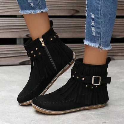 Retro Ankle Boots With Rivet Tassel Flat Shoes Women Winter Boots Women Gym From House Black 35.