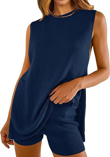 2pcs Women's Knitting Suit Summer Loose Round Neck Women dealsniper-net Navy Blue L