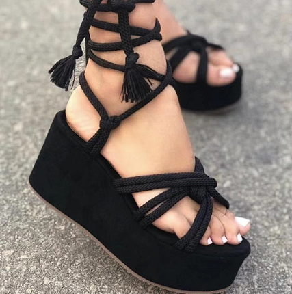 Summer Women Wedges Shoes High Heel Strappy Sandals Women dealsniper-net Black Size36