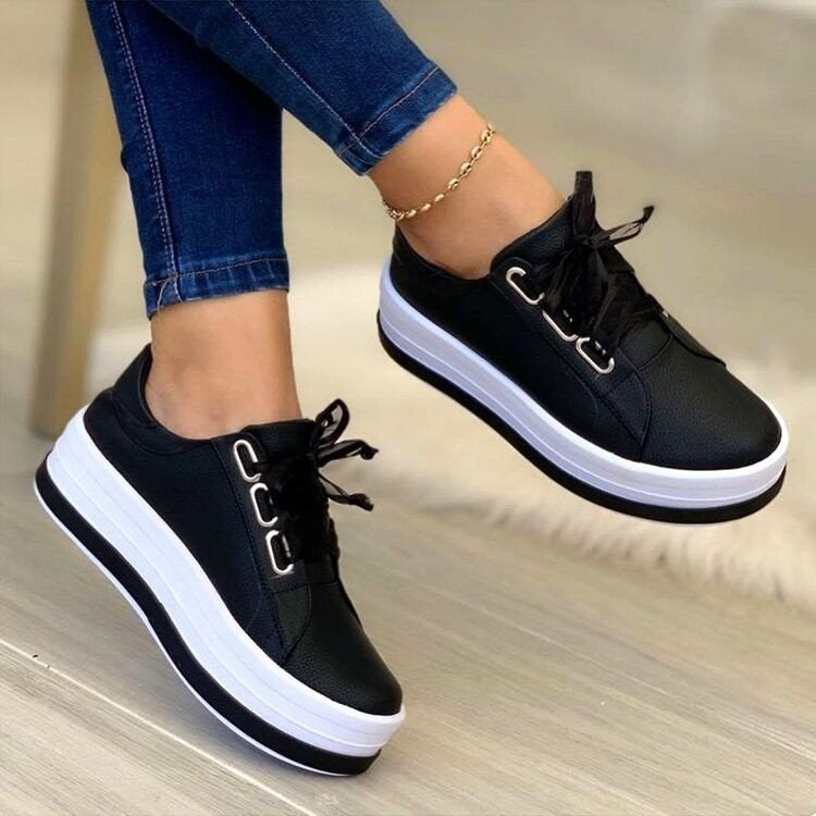 Fashion Flats Sneakers Women Ribbon Lace-up Platform Shoes Women dealsniper-net Black Size35