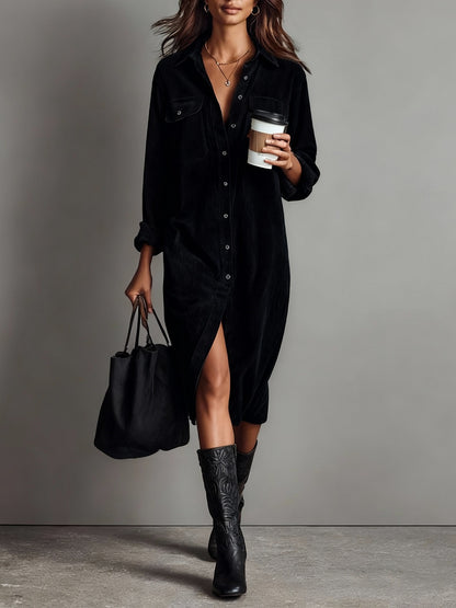 Turn-Down Collar Buttons Chic Casual Dress Women Gym From House Black 2XL
