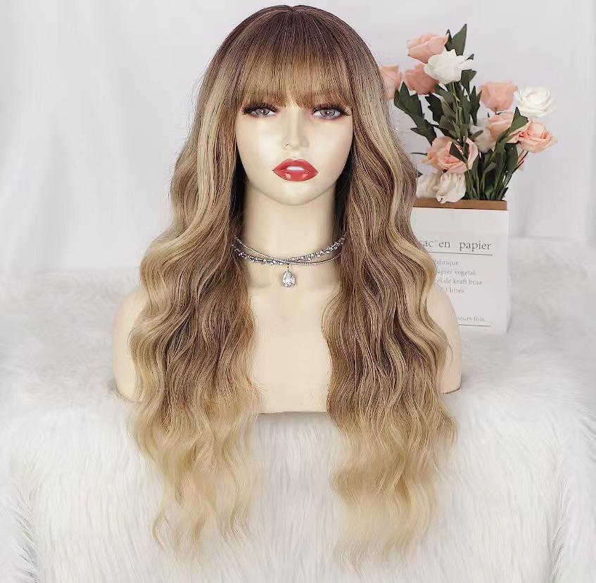 26 Inch Long Ash Blonde Wig With Bangs Natural Wavy Hair