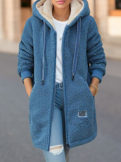 Winter Fleece Hooded Jacket Fashion Casual Zip-up Pockets Women null Blue S