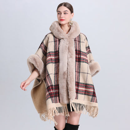 Loose Plaid Plus Cashmere Fur Collar Knitted Inverness Women Gym From House Beige Red Plaid Average Size